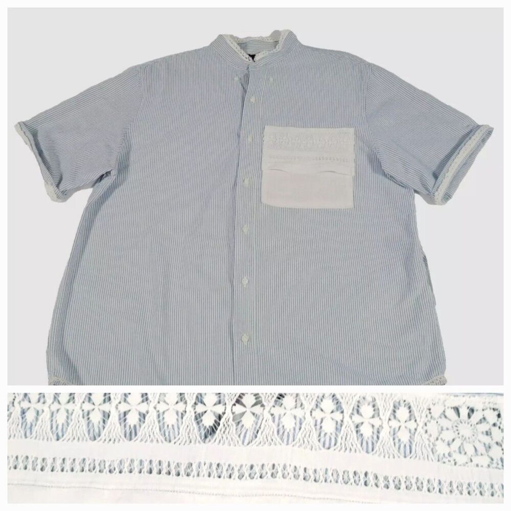 Chaps Striped  Lace hanky‎ patchwork Top 2XL Vtg Button Up Granny cottage Core